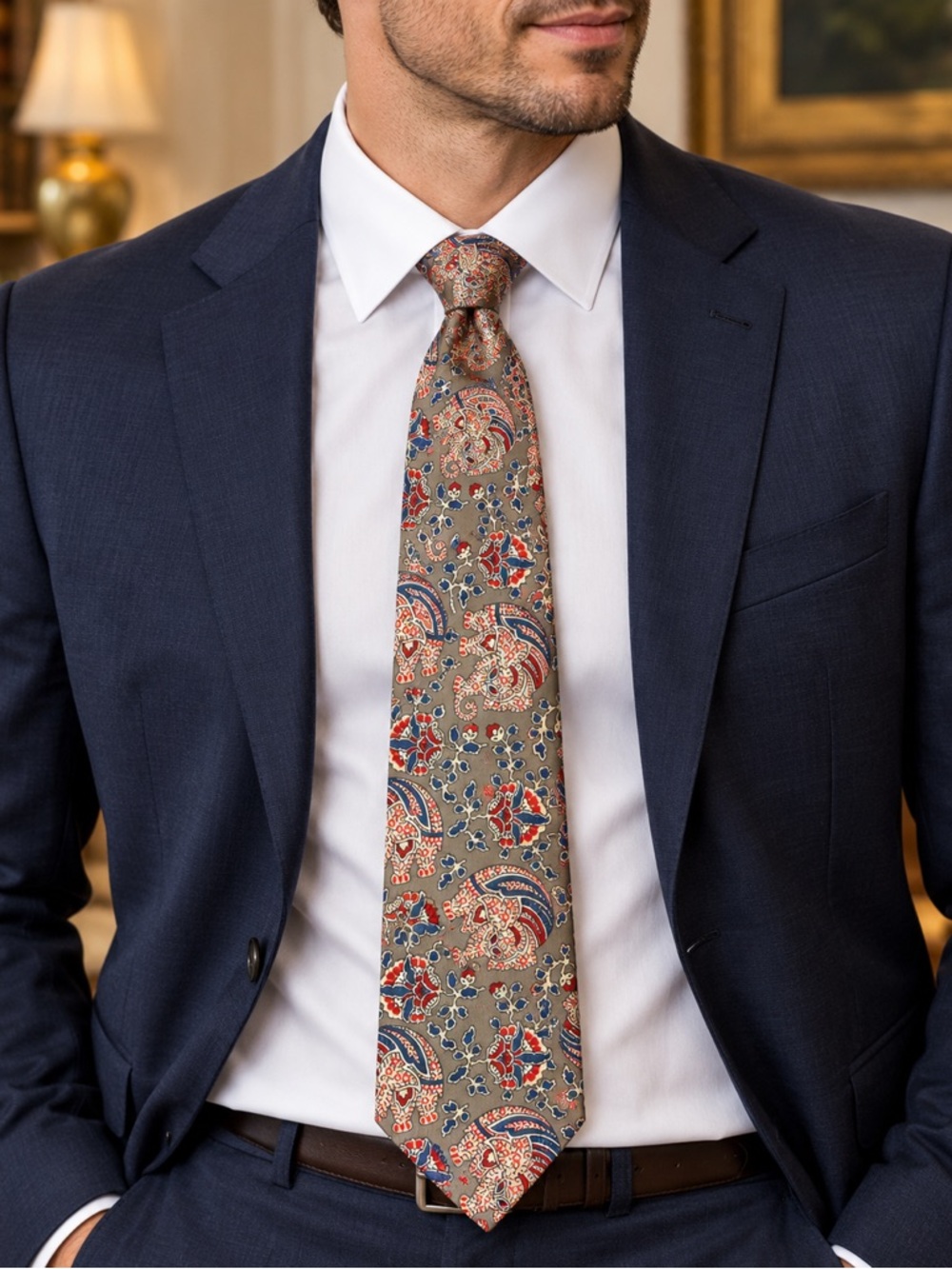 Liberty of London Tie Men’s Silk Elephant Paisley Floral Red Blue Gray Made USA